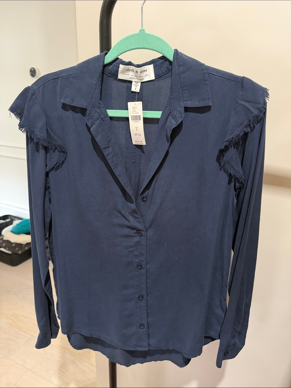 cloth & stone Navy Frayed-Trim Button Down Shirt